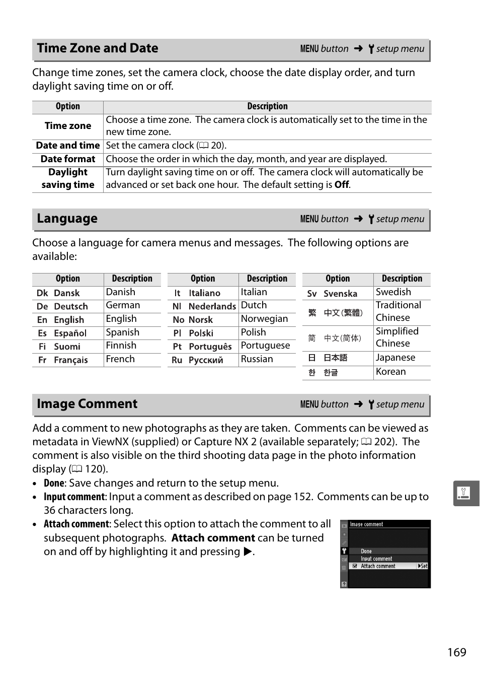 Time zone and date, Language, Image comment | Nikon D5000 User Manual | Page 187 / 256