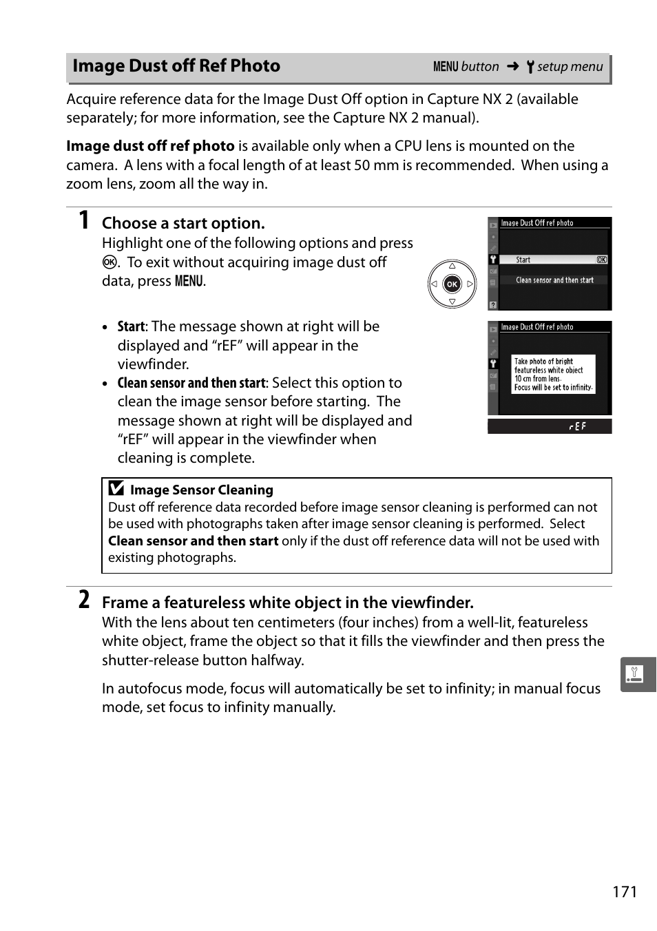 Image dust off ref photo | Nikon D5000 User Manual | Page 189 / 256