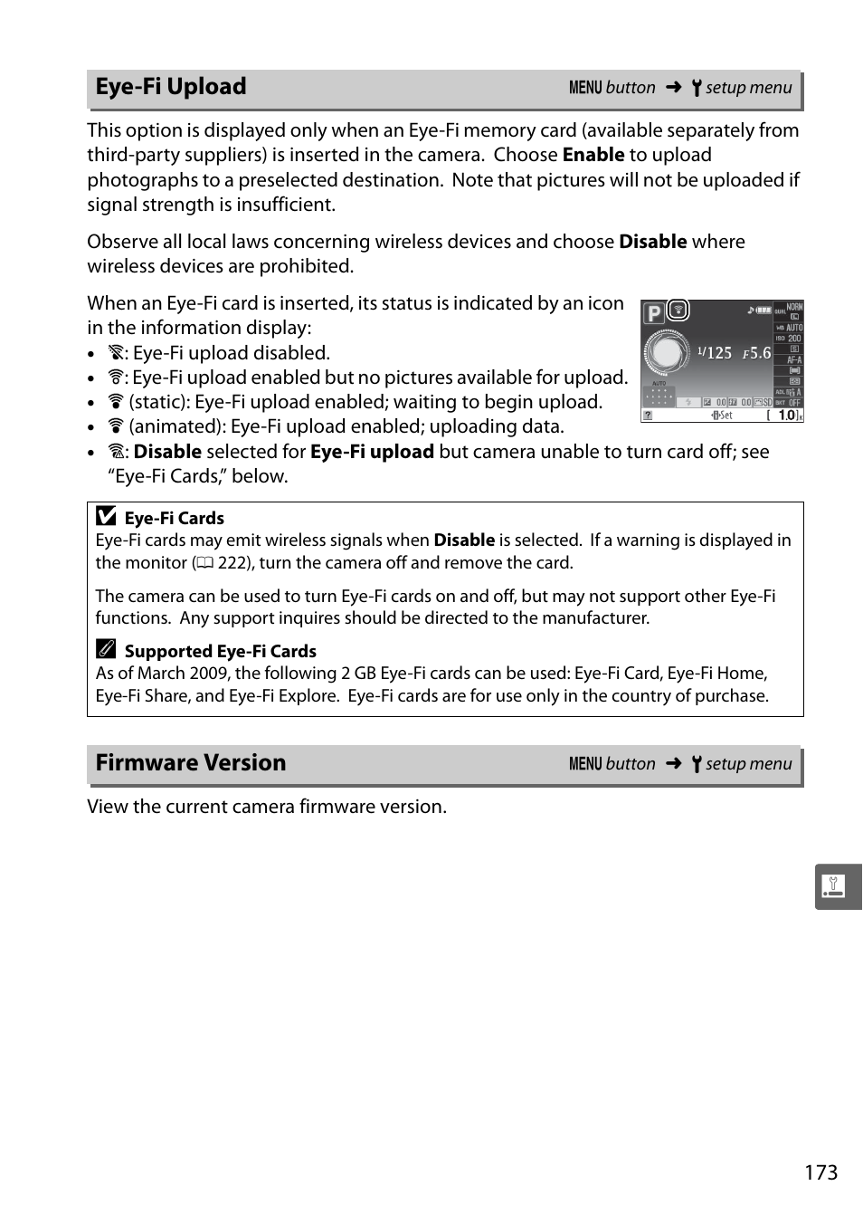 Eye-fi upload, Firmware version | Nikon D5000 User Manual | Page 191 / 256