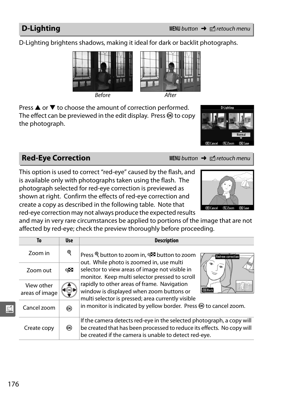 D-lighting, Red-eye correction | Nikon D5000 User Manual | Page 194 / 256