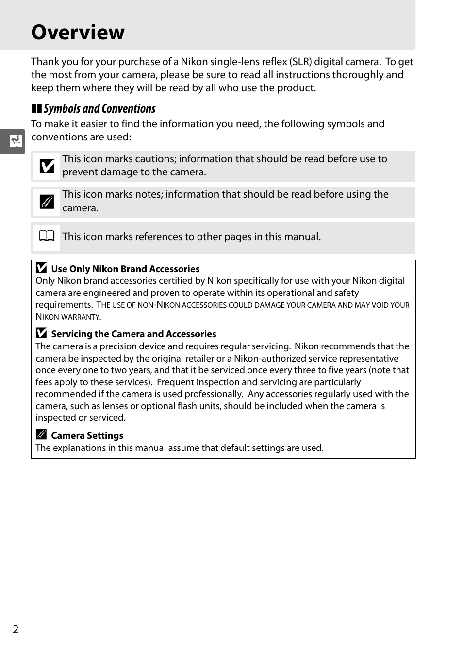 Overview, Symbols and conventions | Nikon D5000 User Manual | Page 20 / 256