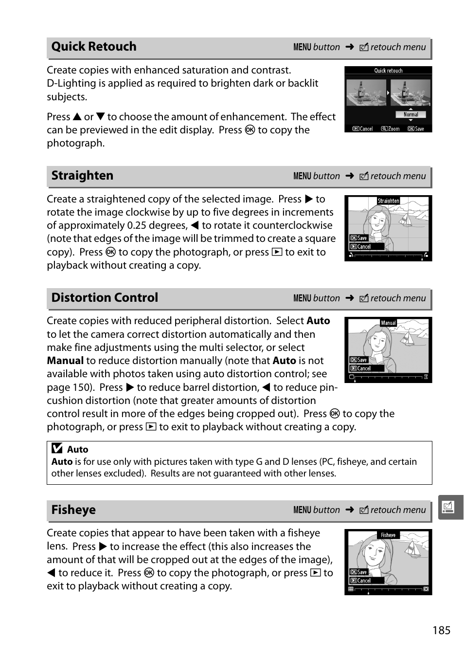 Quick retouch, Straighten, Distortion control | Fisheye | Nikon D5000 User Manual | Page 203 / 256