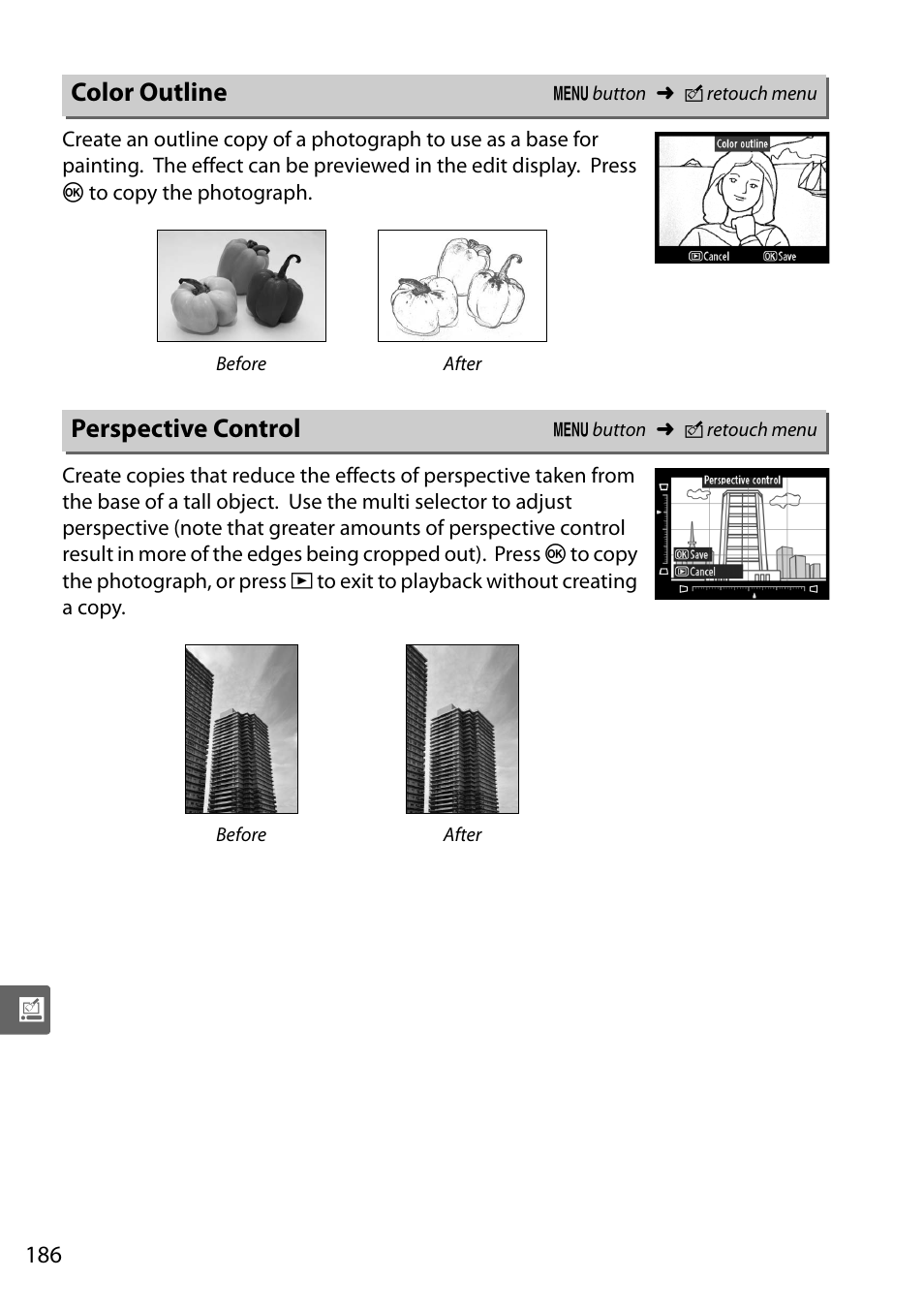 Color outline, Perspective control | Nikon D5000 User Manual | Page 204 / 256