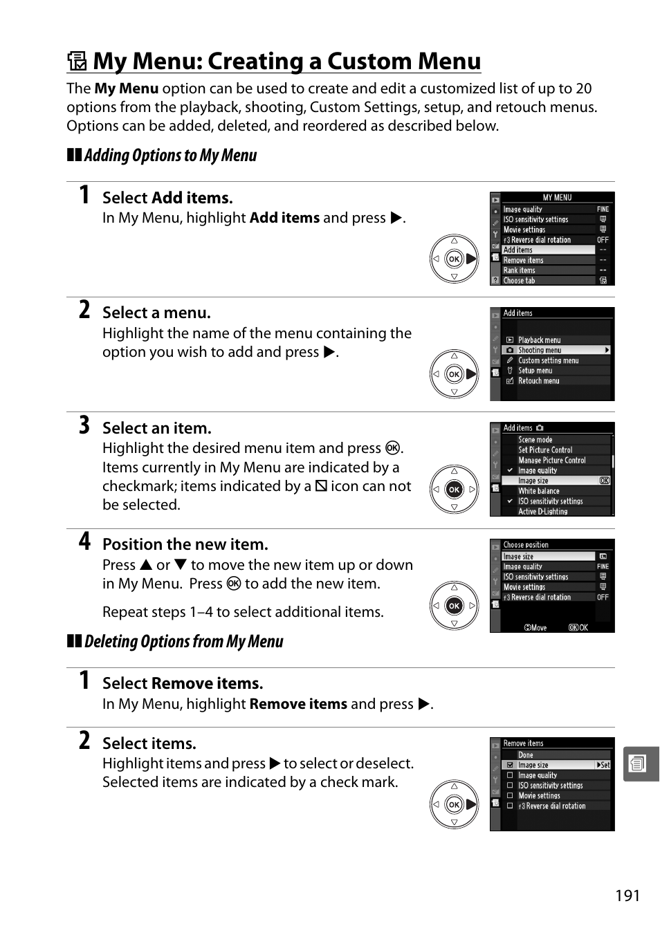 My menu: creating a custom menu, O my menu: creating a custom menu | Nikon D5000 User Manual | Page 209 / 256