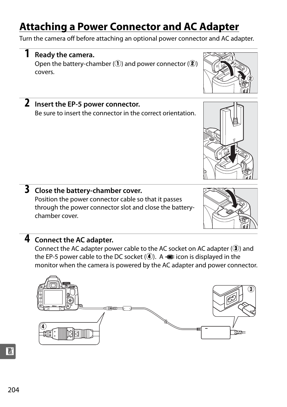 Attaching a power connector and ac adapter | Nikon D5000 User Manual | Page 222 / 256