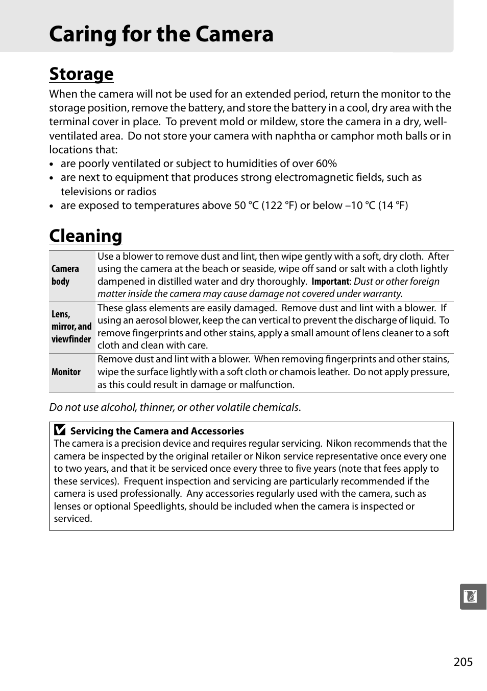 Caring for the camera, Storage, Cleaning | Nikon D5000 User Manual | Page 223 / 256