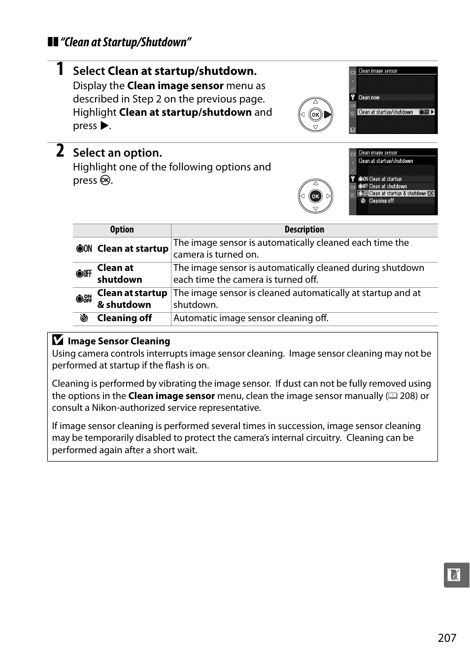 Clean at startup/shutdown | Nikon D5000 User Manual | Page 225 / 256