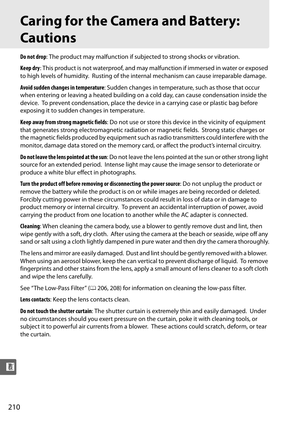 Caring for the camera and battery: cautions | Nikon D5000 User Manual | Page 228 / 256