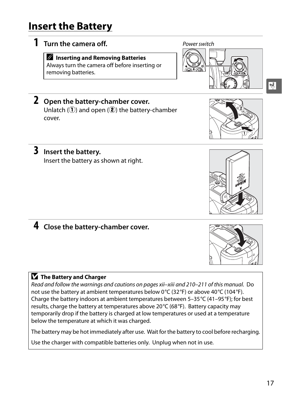 Insert the battery | Nikon D5000 User Manual | Page 35 / 256