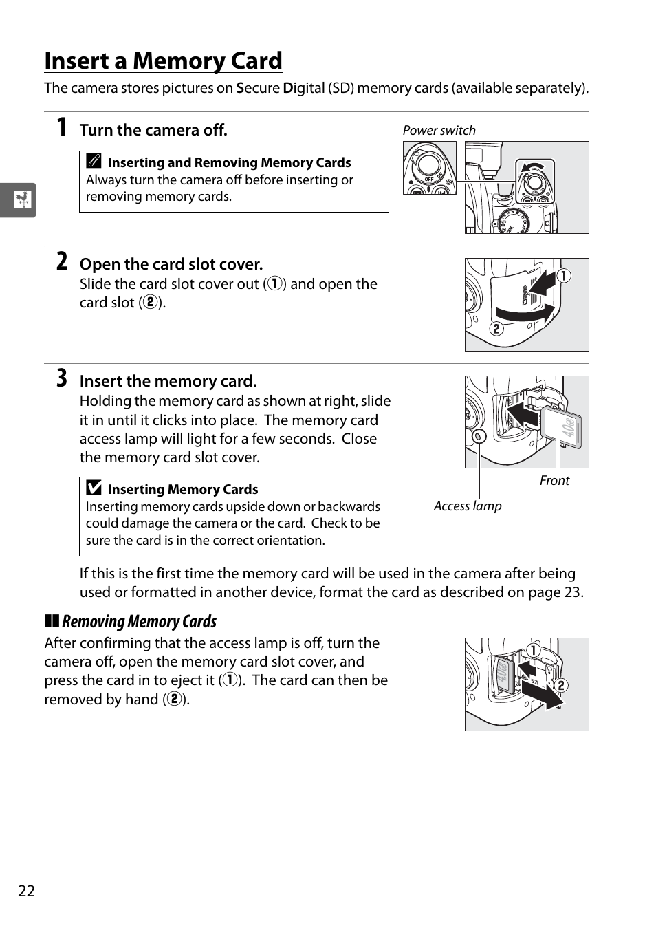 Insert a memory card | Nikon D5000 User Manual | Page 40 / 256