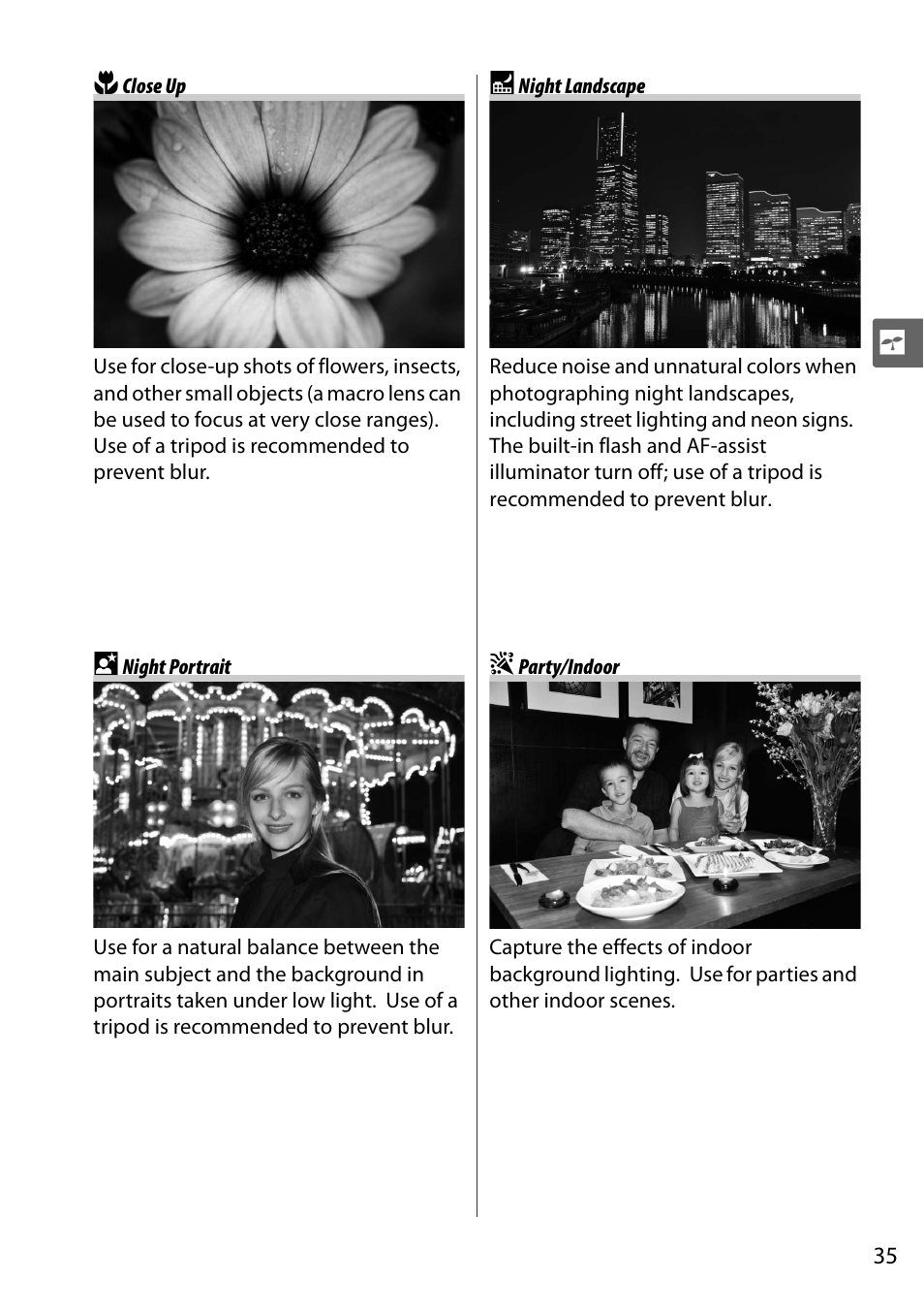 Close up, Night portrait, Night landscape | Party/indoor | Nikon D5000 User Manual | Page 53 / 256