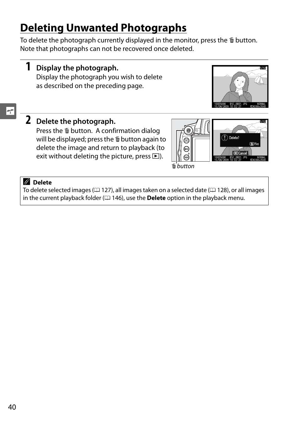 Deleting unwanted photographs | Nikon D5000 User Manual | Page 58 / 256