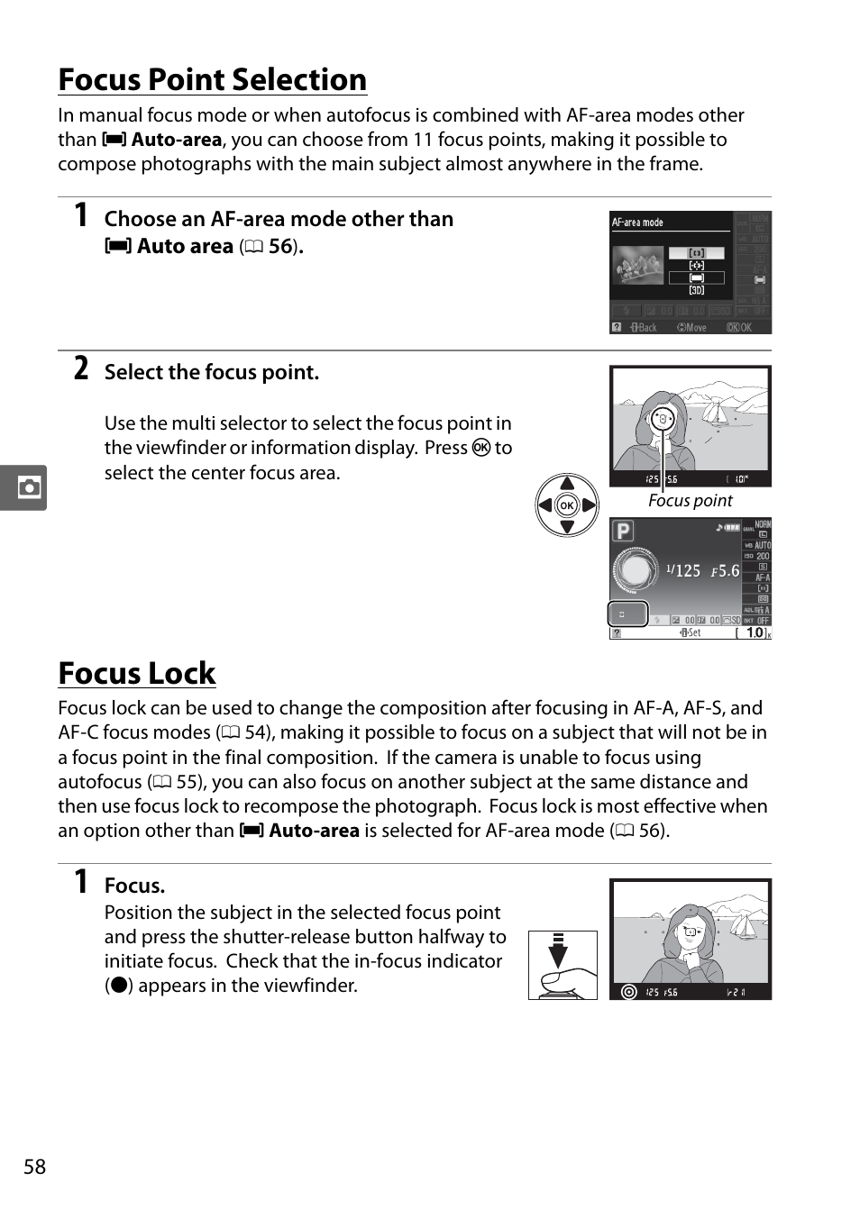 Focus point selection, Focus lock | Nikon D5000 User Manual | Page 76 / 256