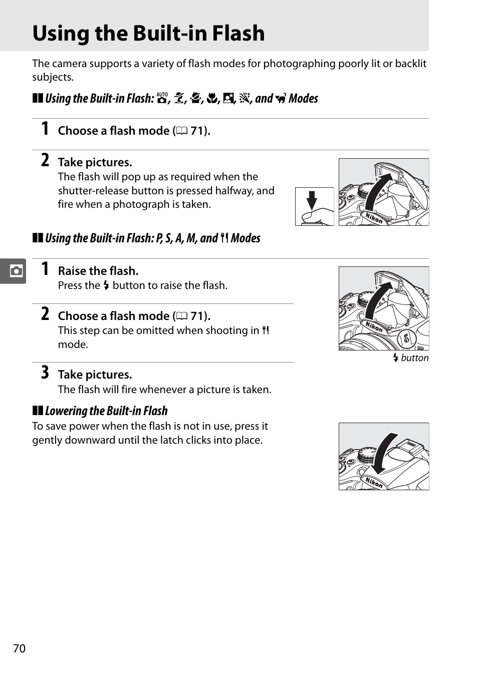 Using the built-in flash | Nikon D5000 User Manual | Page 88 / 256