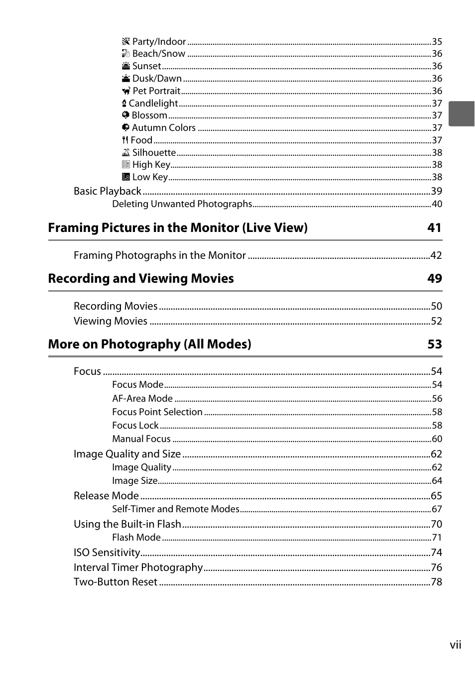 Framing pictures in the monitor (live view) 41, Recording and viewing movies 49, More on photography (all modes) 53 | Nikon D5000 User Manual | Page 9 / 256