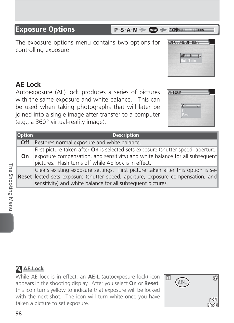 Exposure options, F2.6, Ae lock | Ae-l | Nikon 8400 User Manual | Page 108 / 170