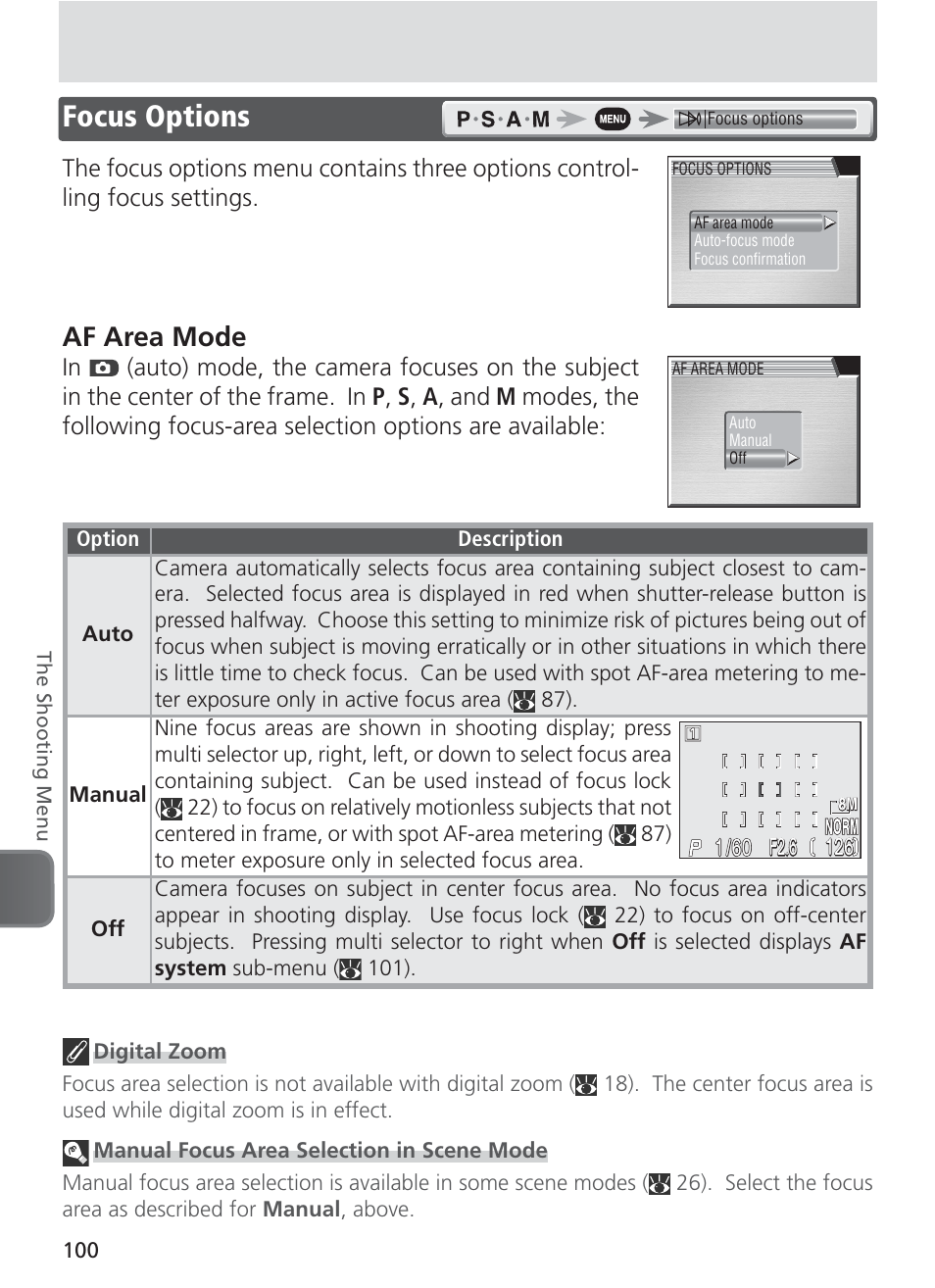 Focus options, Af area mode | Nikon 8400 User Manual | Page 110 / 170