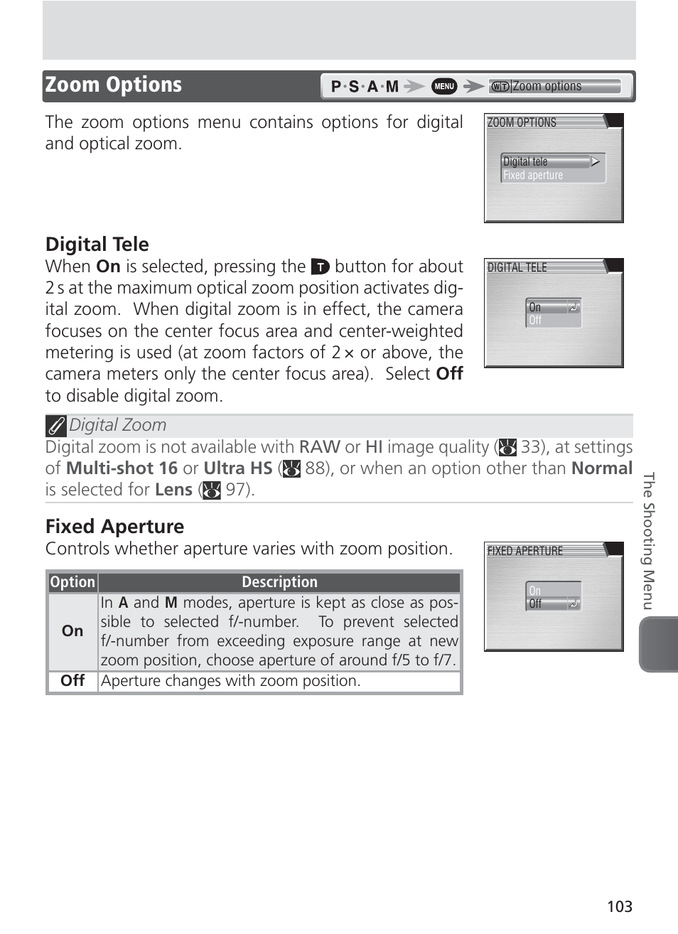 Zoom options, Digital tele, Fixed aperture | Nikon 8400 User Manual | Page 113 / 170