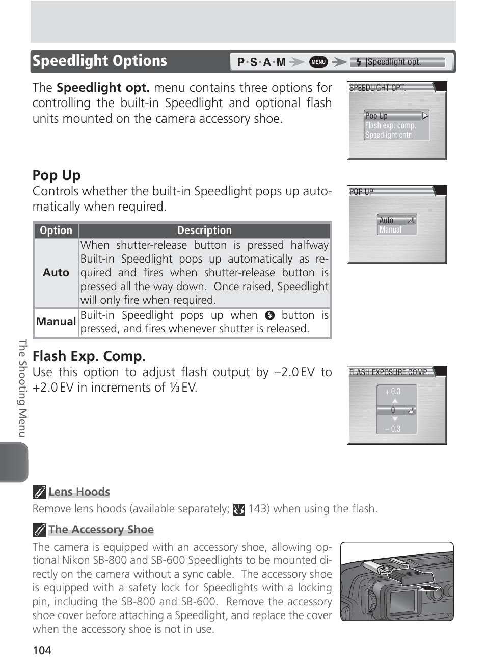 Speedlight options, Pop up, Flash exp. comp | Nikon 8400 User Manual | Page 114 / 170