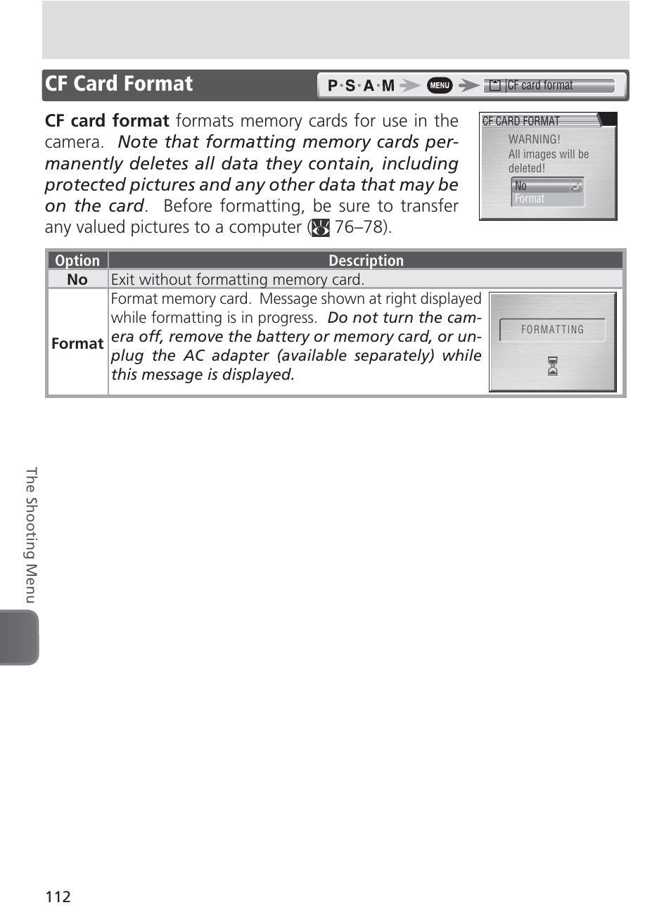 Cf card format | Nikon 8400 User Manual | Page 122 / 170