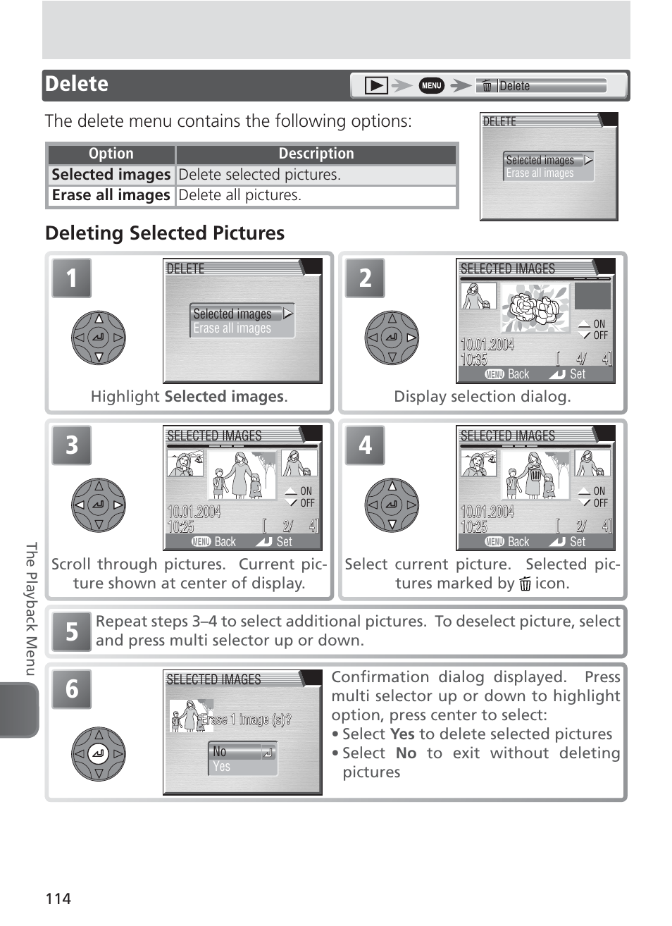 Delete, Deleting selected pictures | Nikon 8400 User Manual | Page 124 / 170