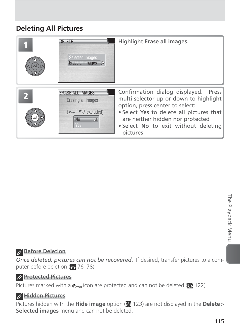 Deleting all pictures | Nikon 8400 User Manual | Page 125 / 170