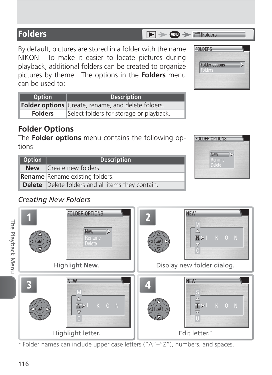 Folders, Folder options, Creating new folders | Nikon 8400 User Manual | Page 126 / 170