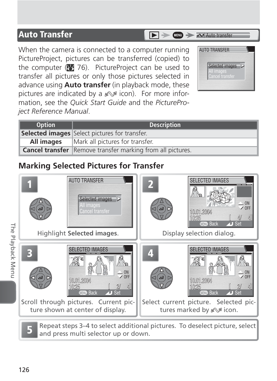 Auto transfer, Marking selected pictures for transfer | Nikon 8400 User Manual | Page 136 / 170