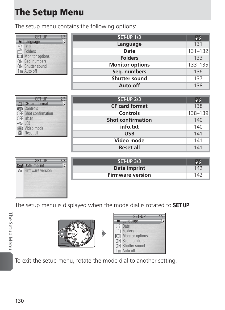 The setup menu, The setup menu contains the following options | Nikon 8400 User Manual | Page 140 / 170