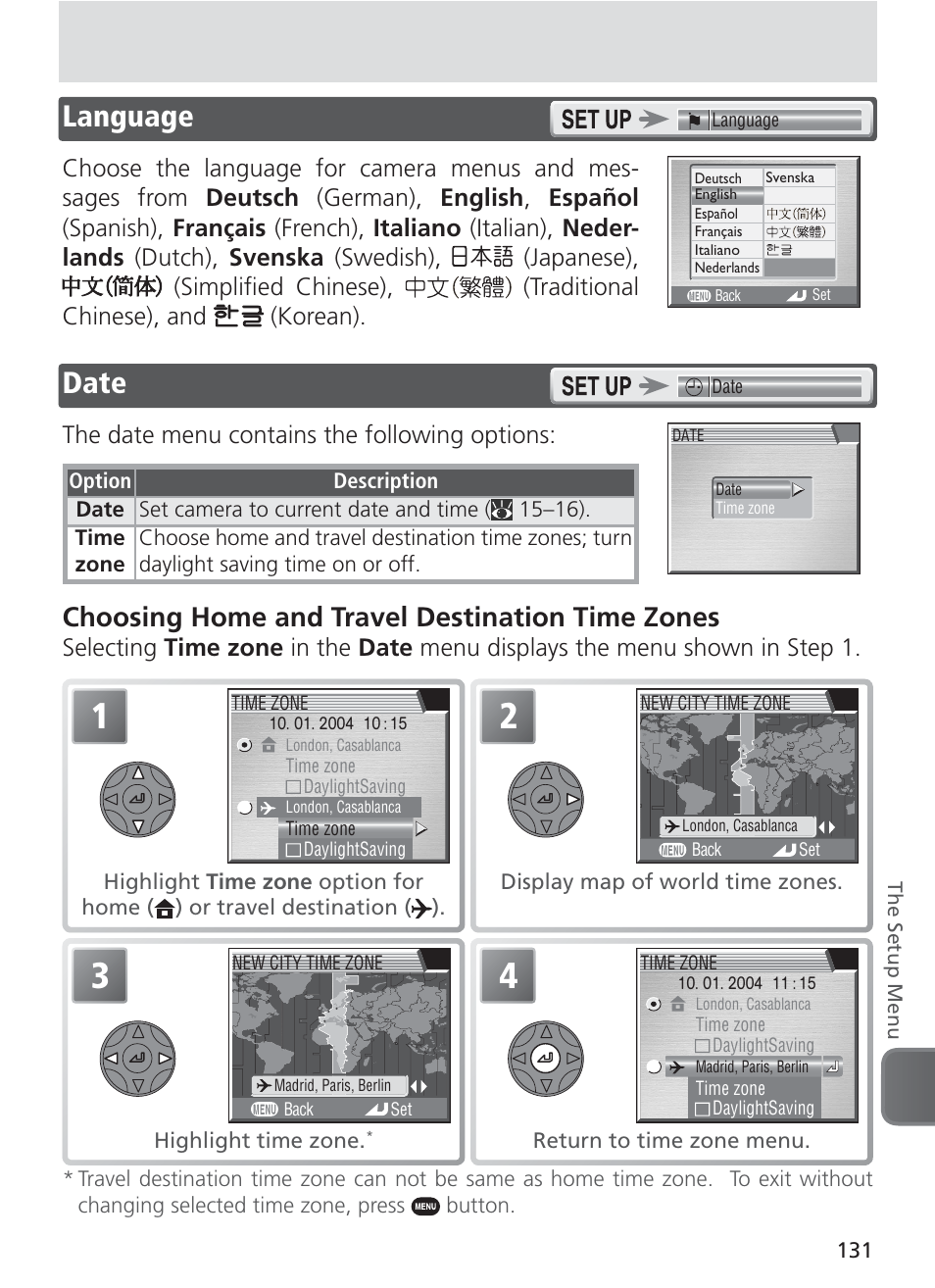 Language, Date, Choosing home and travel destination time zones | The date menu contains the following options | Nikon 8400 User Manual | Page 141 / 170