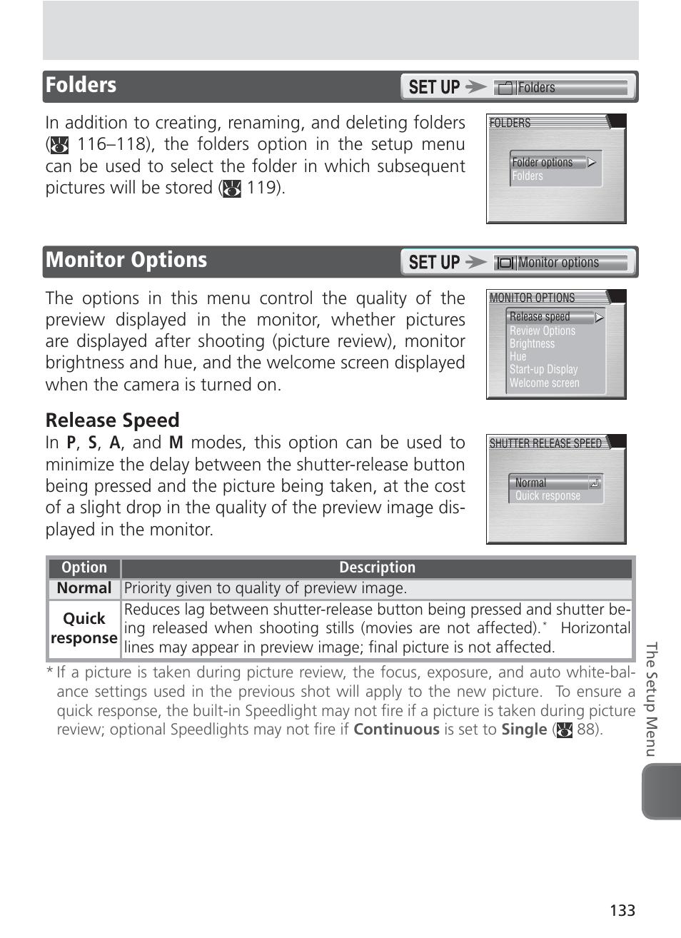 Folders, Monitor options, Folders monitor options | Release speed | Nikon 8400 User Manual | Page 143 / 170