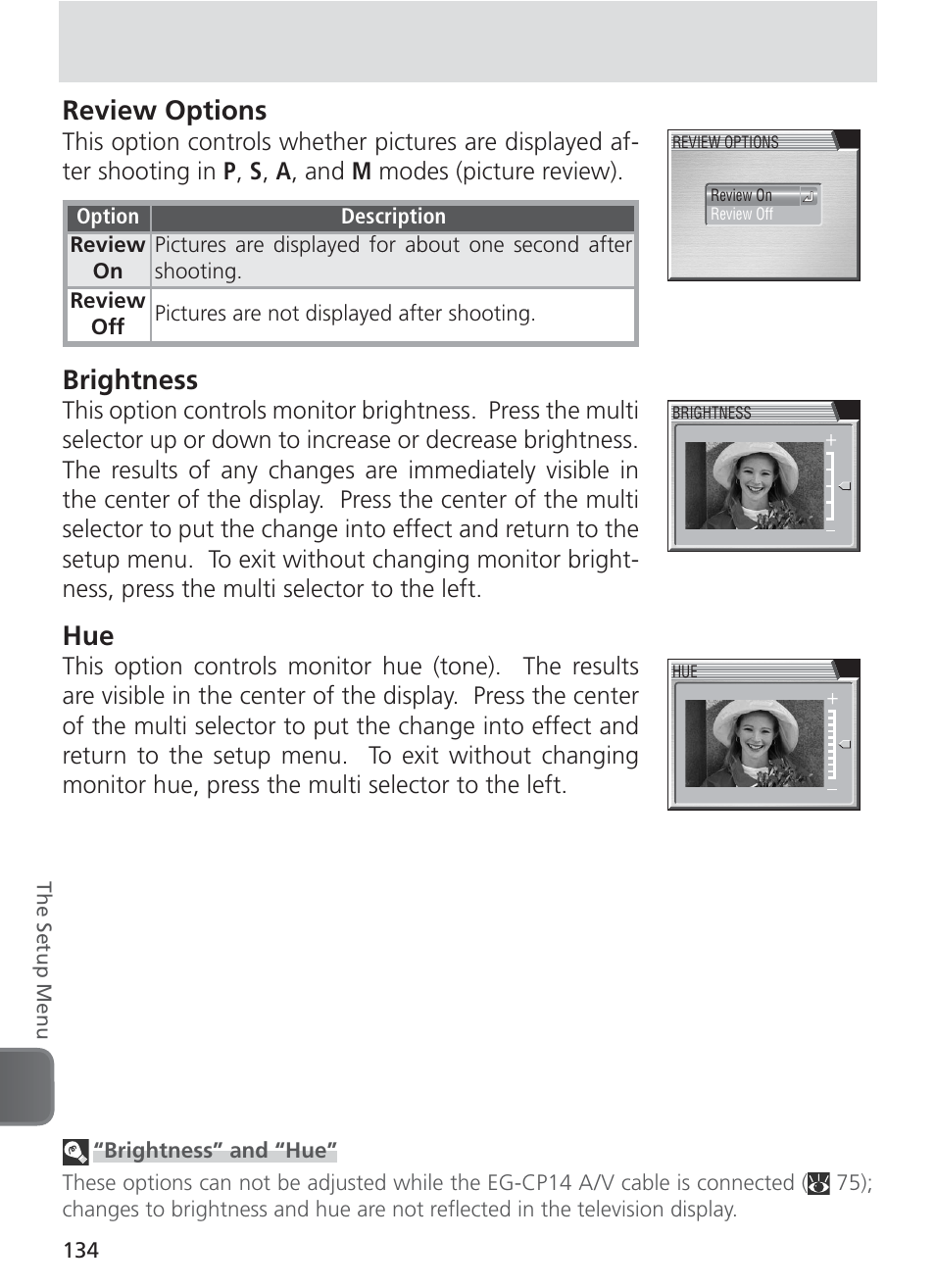 Review options, Brightness | Nikon 8400 User Manual | Page 144 / 170