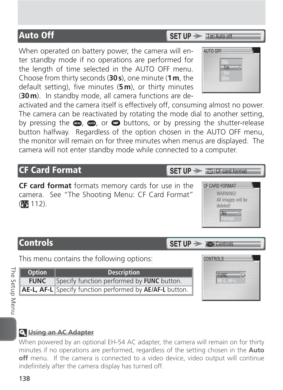 Auto off, Cf card format, Controls | Auto off cf card format, This menu contains the following options | Nikon 8400 User Manual | Page 148 / 170