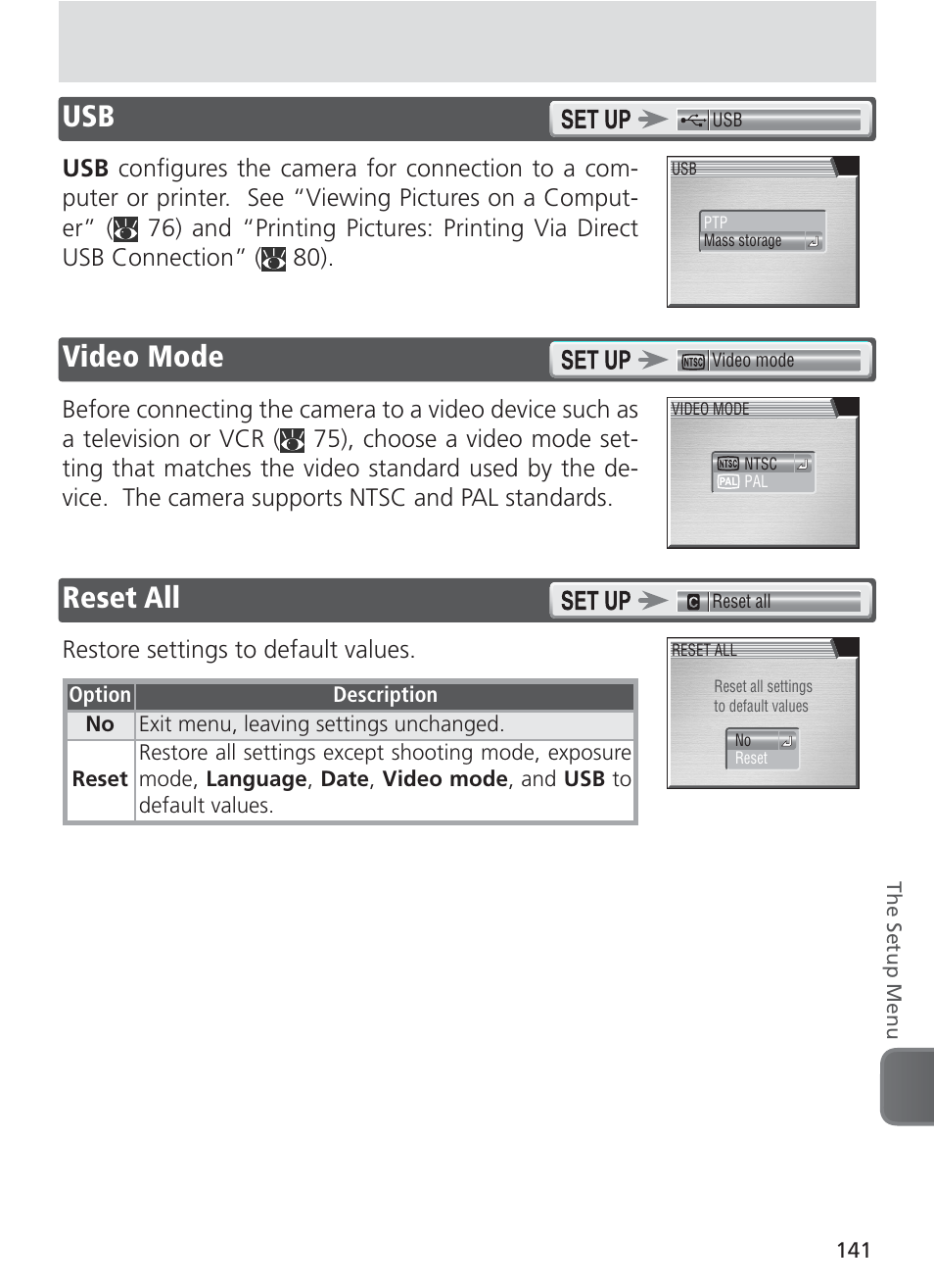 Video mode, Reset all, Usb video mode | Restore settings to default values | Nikon 8400 User Manual | Page 151 / 170