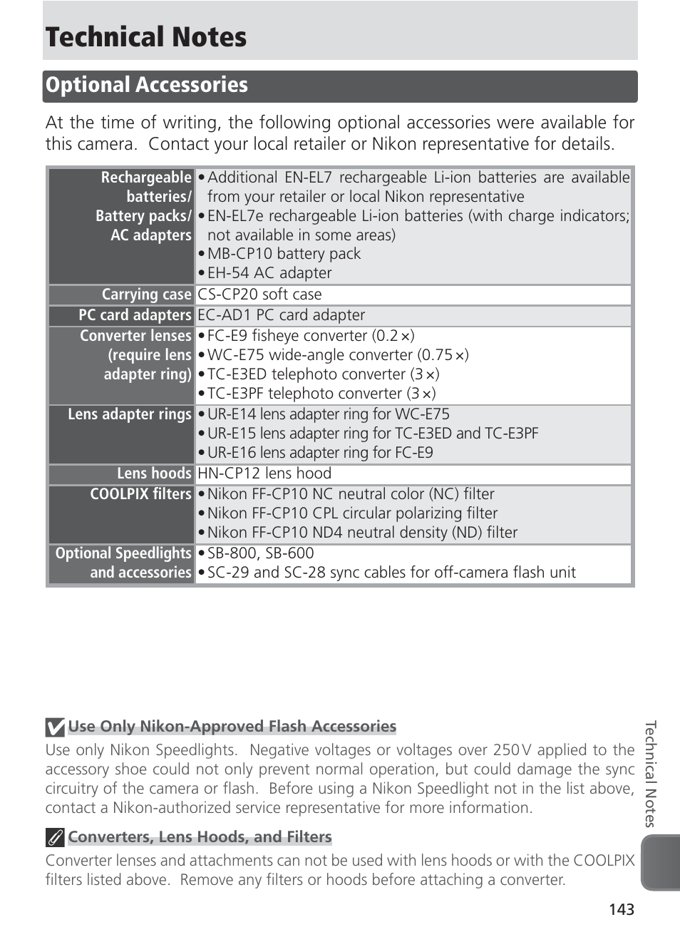 Technical notes, Optional accessories | Nikon 8400 User Manual | Page 153 / 170