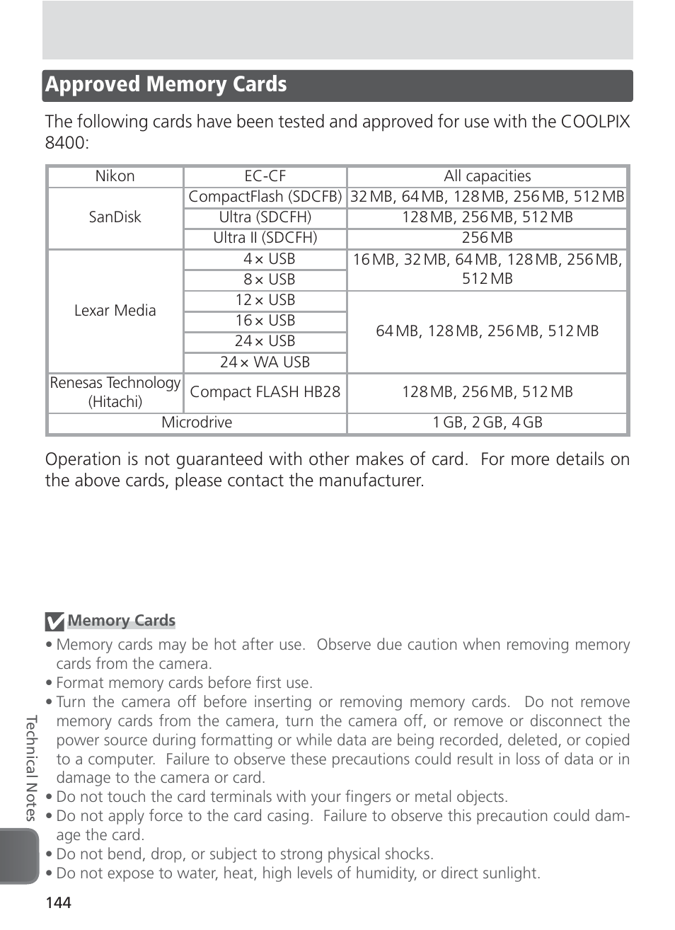 Approved memory cards | Nikon 8400 User Manual | Page 154 / 170