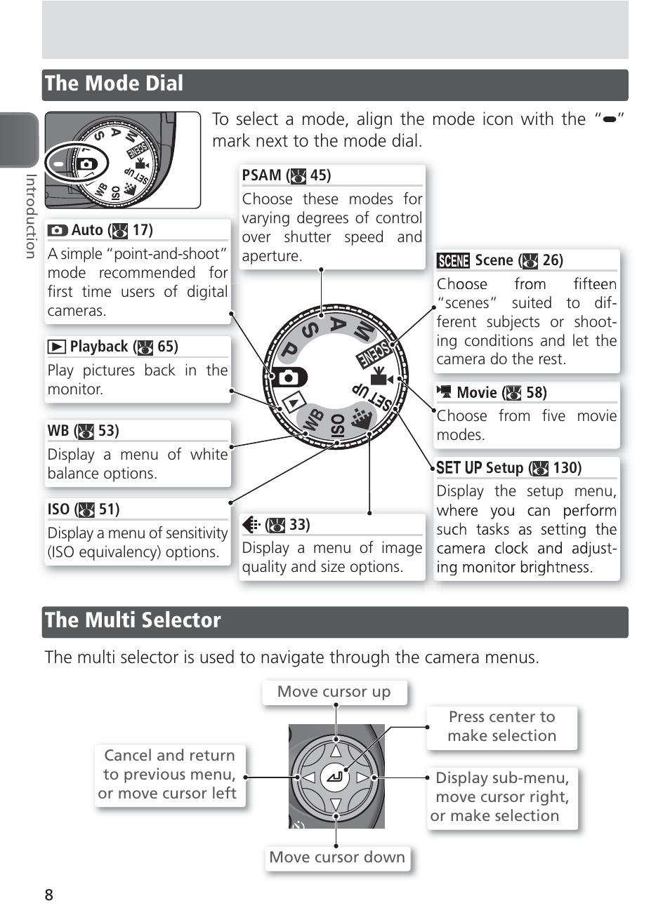 The mode dial, The multi selector, The multi selector the mode dial | Nikon 8400 User Manual | Page 18 / 170