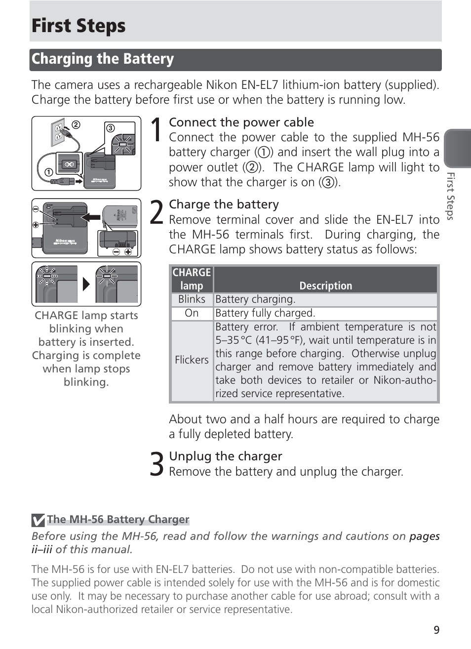 First steps, Charging the battery | Nikon 8400 User Manual | Page 19 / 170