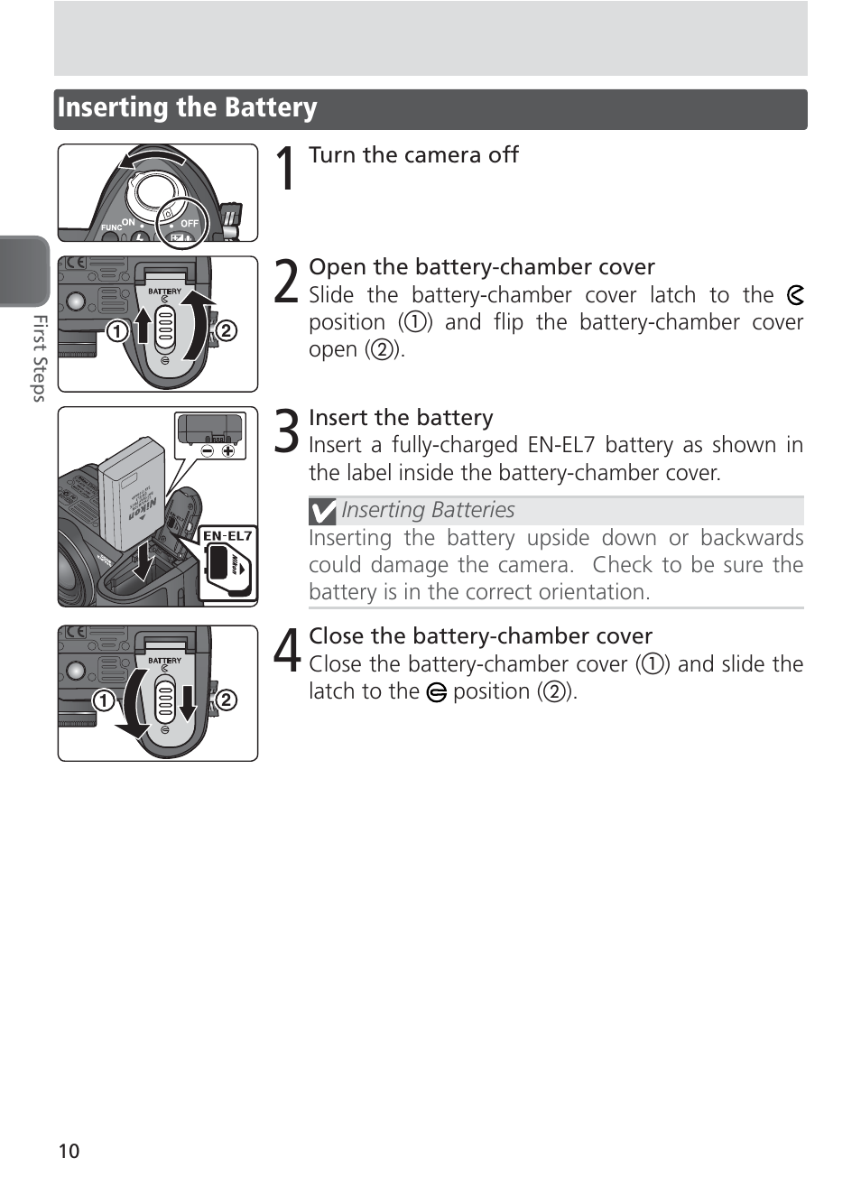 Inserting the battery | Nikon 8400 User Manual | Page 20 / 170