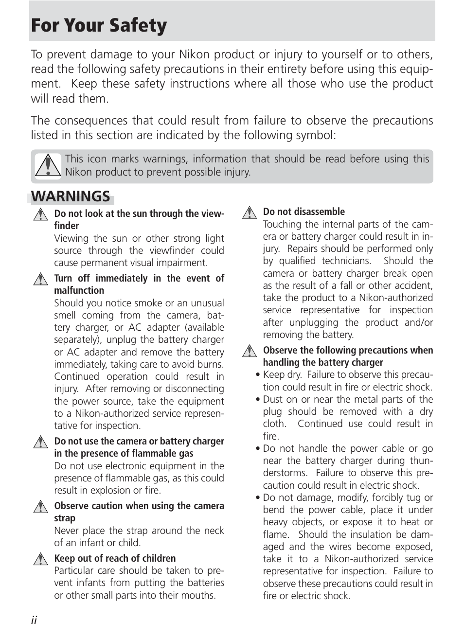 For your safety, Warnings | Nikon 8400 User Manual | Page 4 / 170