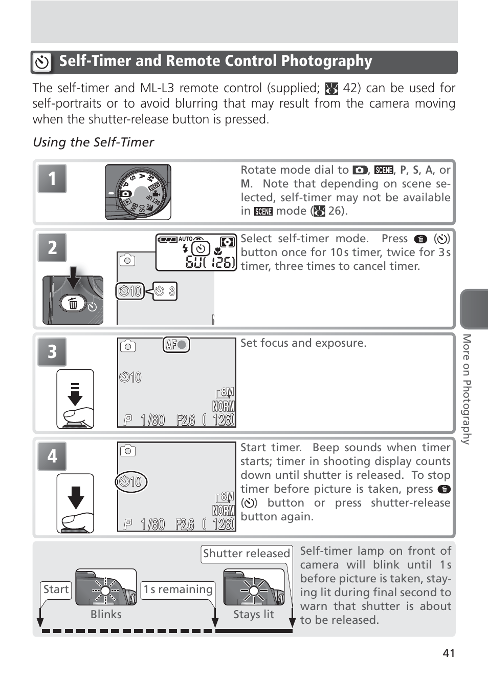 Self-timer and remote control photography | Nikon 8400 User Manual | Page 51 / 170