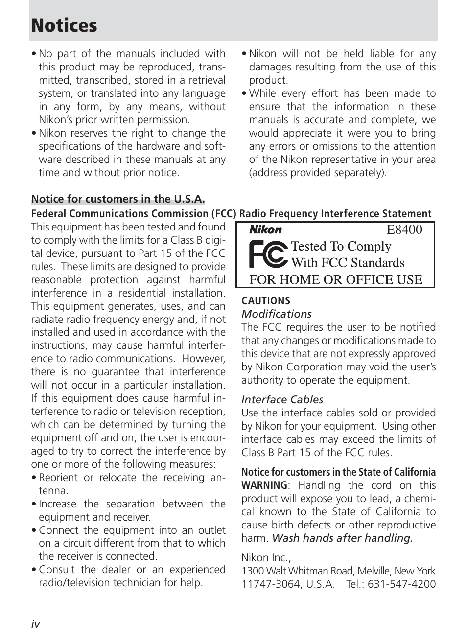 Notices, E8400 | Nikon 8400 User Manual | Page 6 / 170
