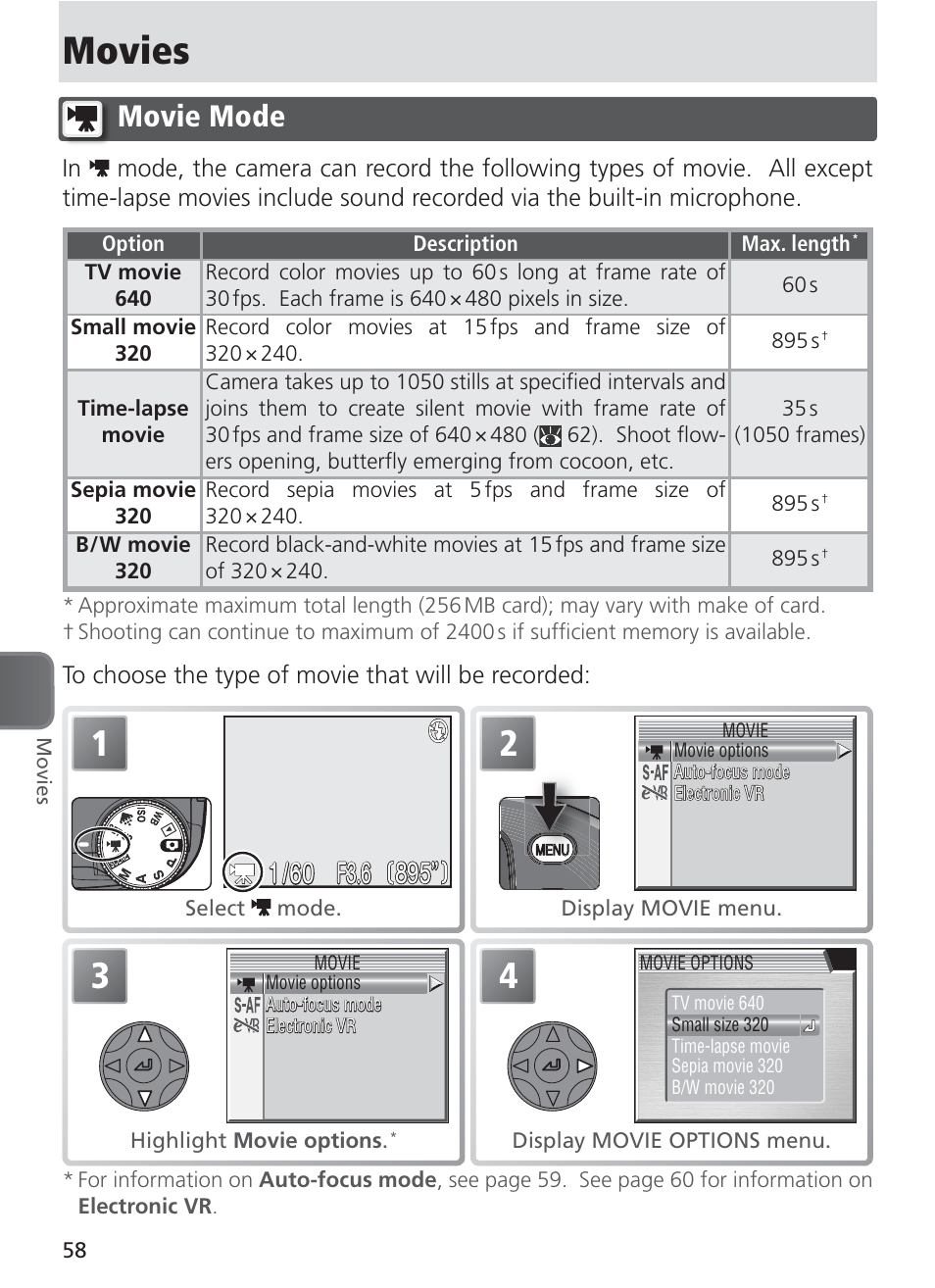 Movies, Movie mode, F3.6 | Nikon 8400 User Manual | Page 68 / 170