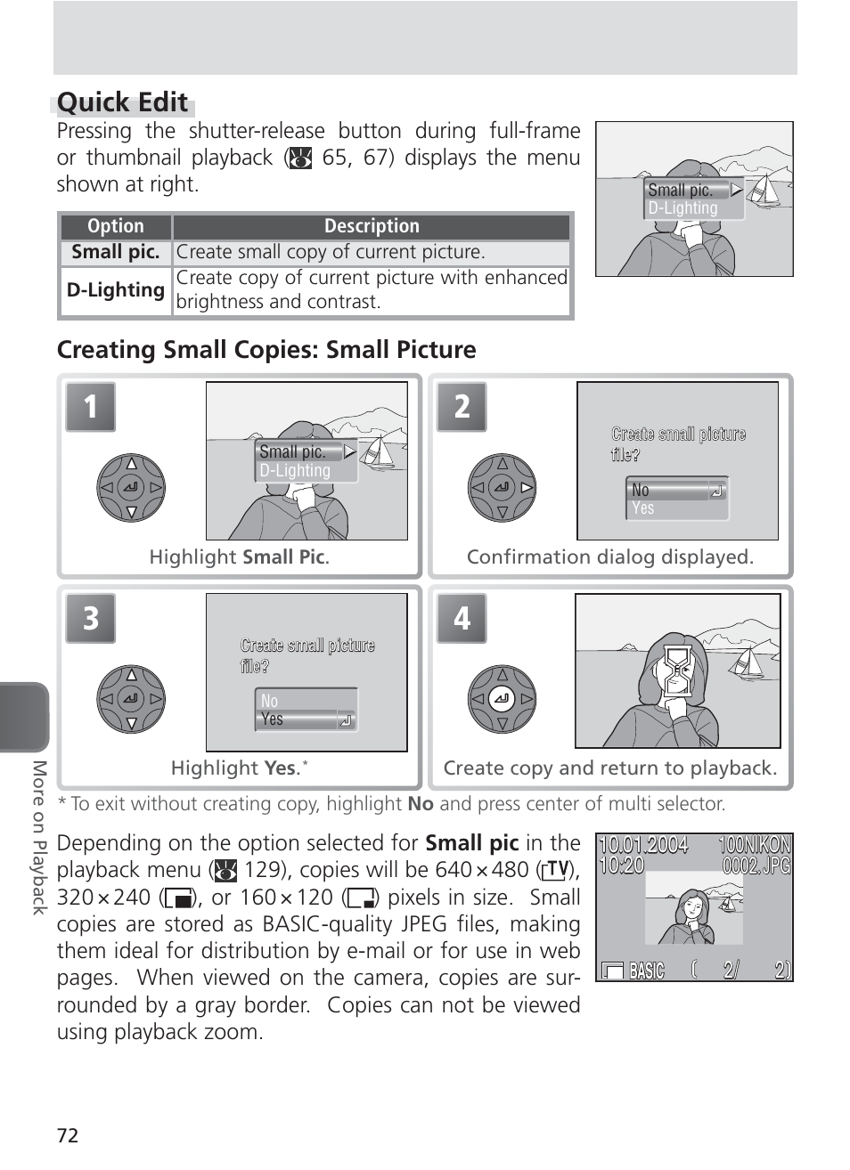 Quick edit, Creating small copies: small picture | Nikon 8400 User Manual | Page 82 / 170