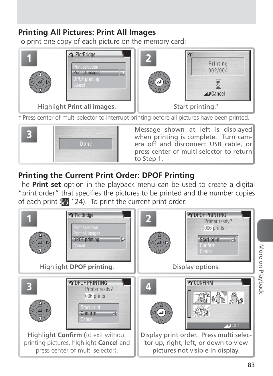 Printing all pictures: print all images, Printing the current print order: dpof printing | Nikon 8400 User Manual | Page 93 / 170