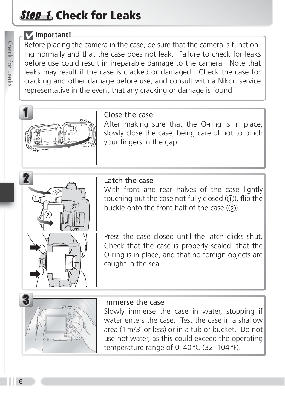 Check for leaks | Nikon WP-CP5 Coolpix S1-S3 User Manual | Page 13 / 79