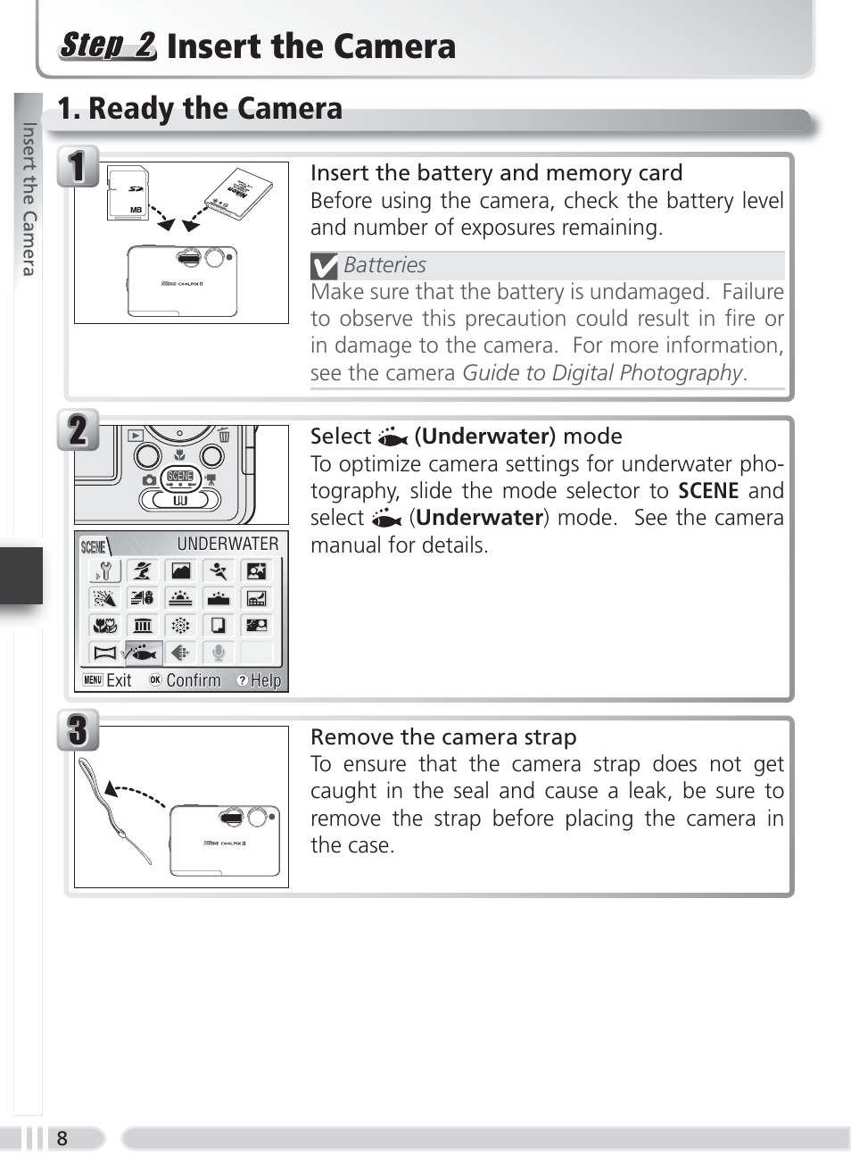 Insert the camera, Ready the camera | Nikon WP-CP5 Coolpix S1-S3 User Manual | Page 15 / 79