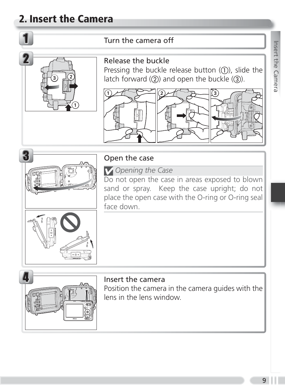 Insert the camera | Nikon WP-CP5 Coolpix S1-S3 User Manual | Page 16 / 79