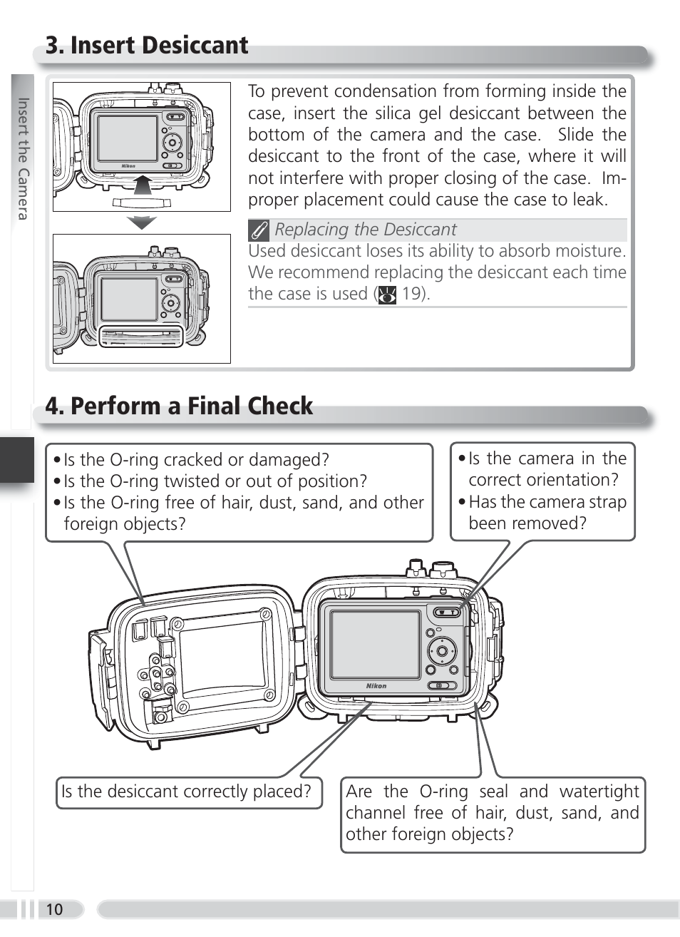 Insert desiccant, Perform a final check, Insert desiccant 4. perform a final check | Nikon WP-CP5 Coolpix S1-S3 User Manual | Page 17 / 79