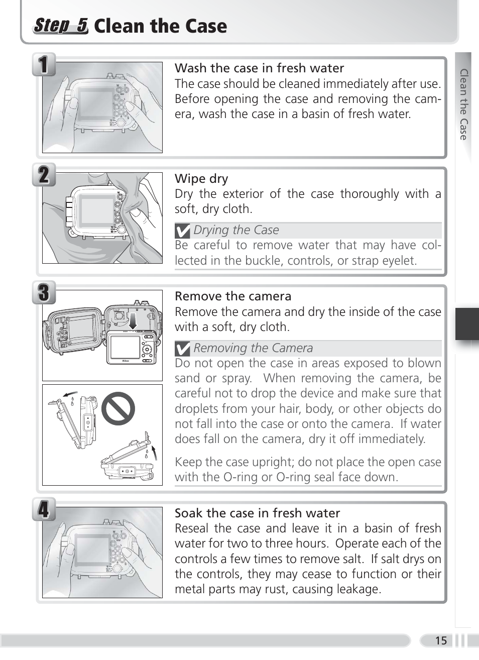 Clean the case | Nikon WP-CP5 Coolpix S1-S3 User Manual | Page 22 / 79